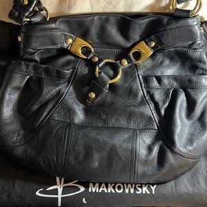 B. Makowsky Black Leather Gold Accent Shoulder bag